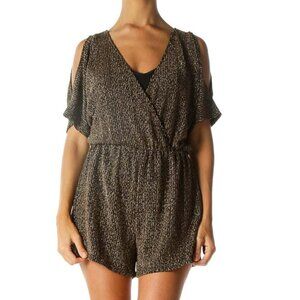 ASTR Black Gold Surplice Textured Cold Shoulder Short Sleeve Romper